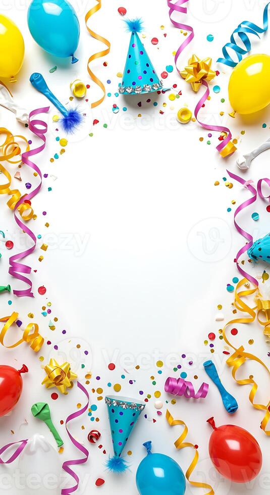 Colorful party decorations and balloons on white background photo