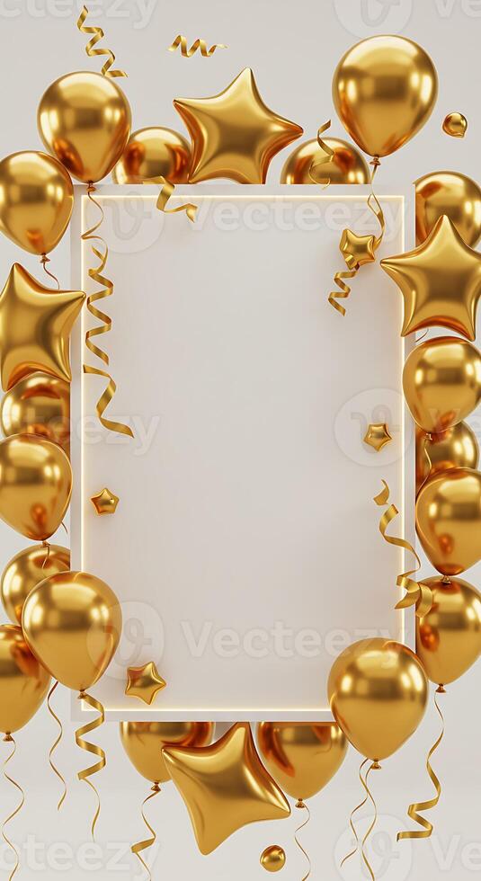 Golden balloons and confetti around a square frame photo