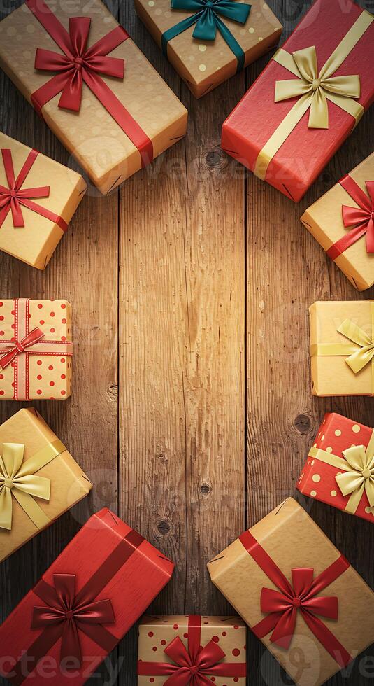 Many presents on a wooden table with a circle of ribbon photo
