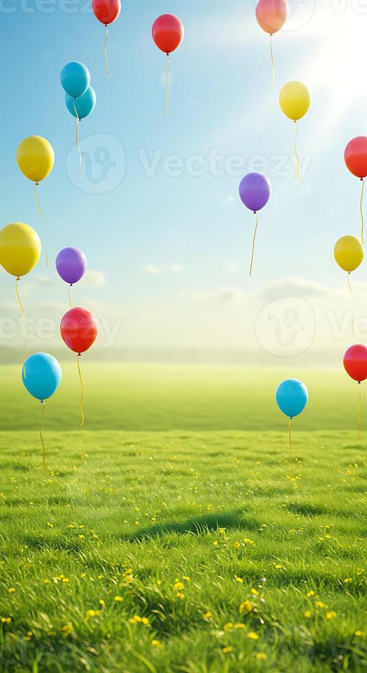 Colorful Balloons Floating Over a Lush Green Meadow Under a Sunny Sky photo