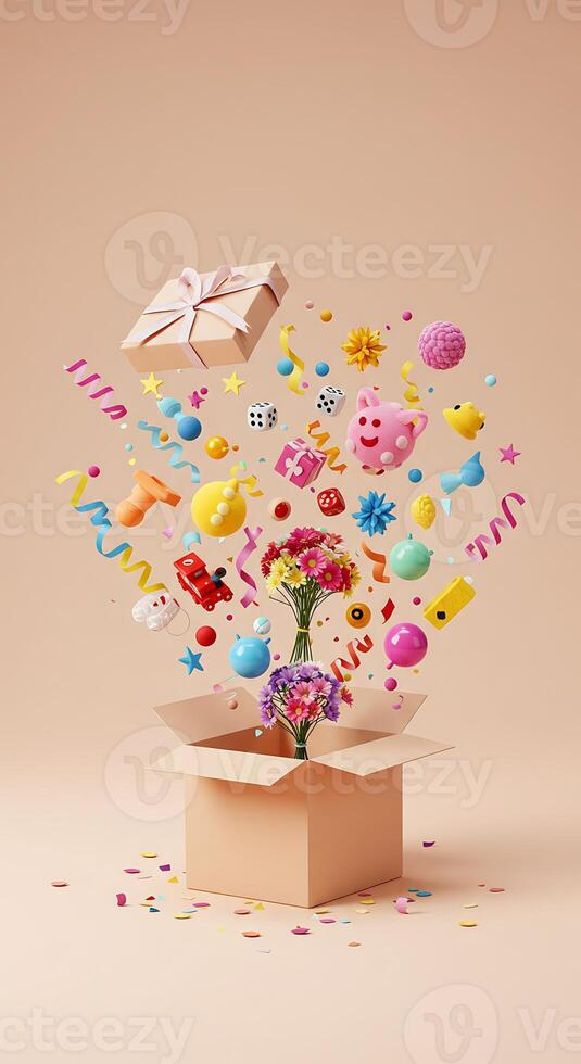 A box with a flower and confetti coming out of it photo