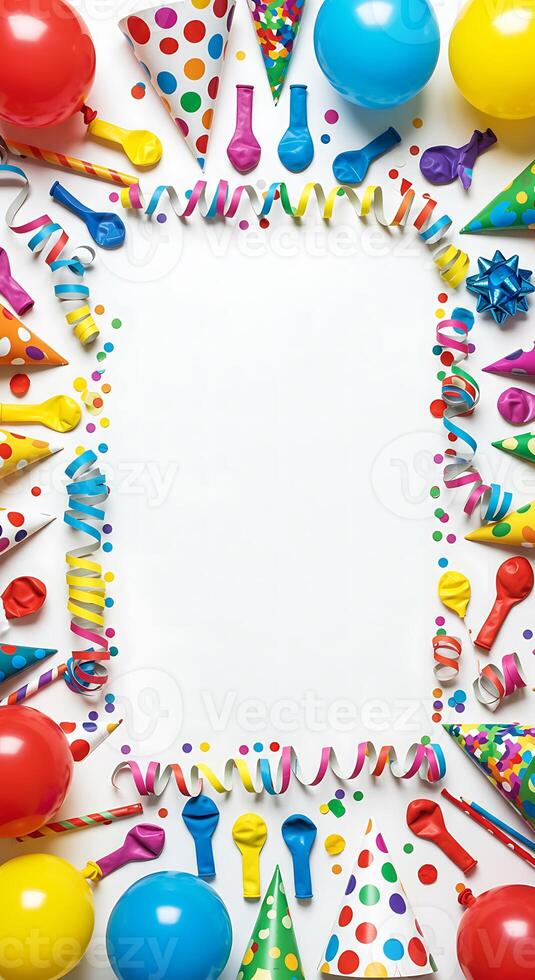 Colorful Party Supplies Frame on White Background photo