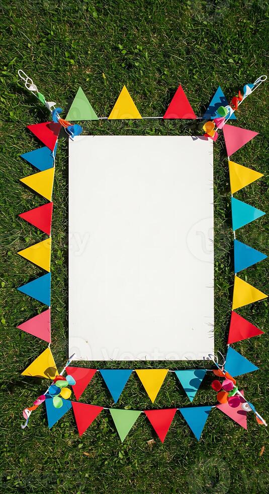Colorful Party Bunting Frame on Grass photo