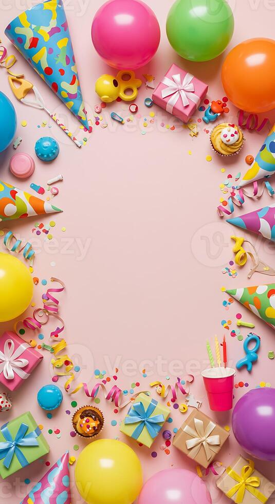 Colorful birthday party decorations on pink background photo
