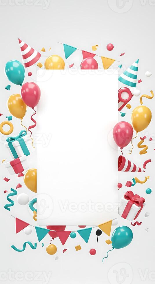 Birthday party background with balloons, streamers and paper photo