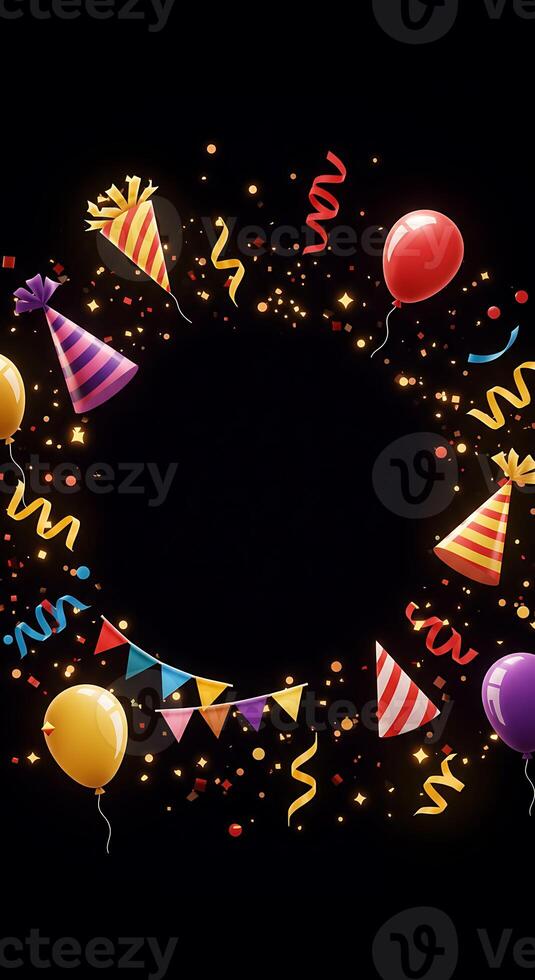 illustration of birthday party decorations on black background photo