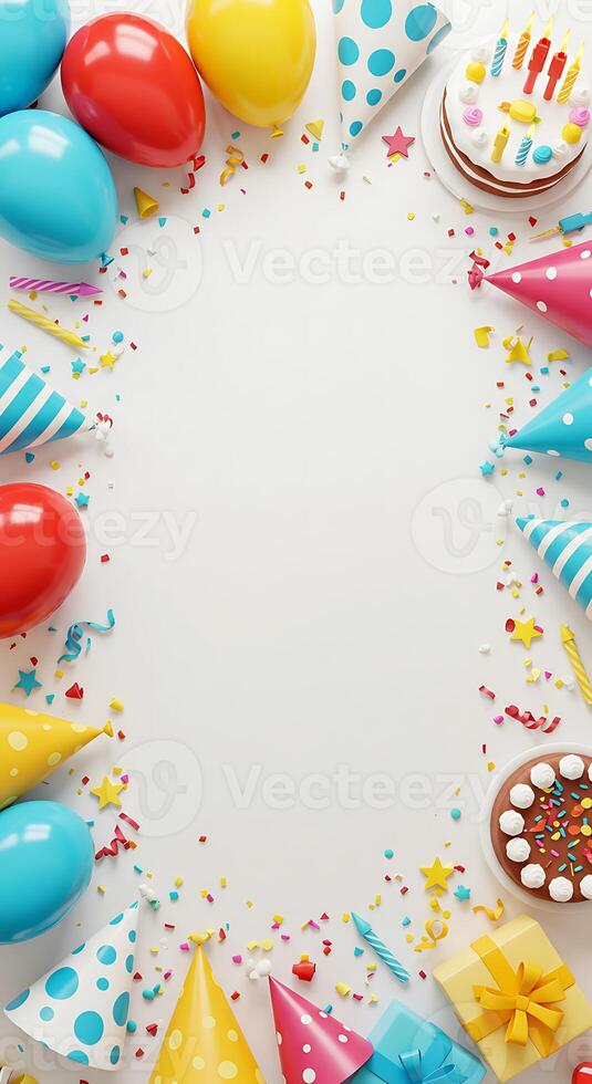 Birthday party decorations and confetti on white background photo