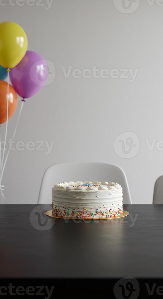 A cake sitting on a table with balloons in the background photo