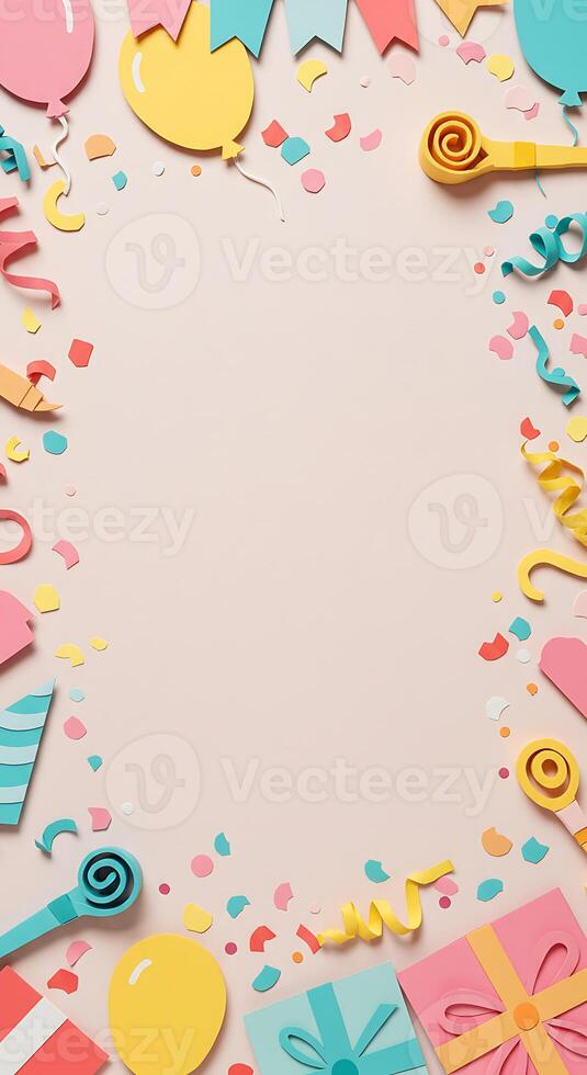 Birthday party background with confetti, balloons, and party hats photo