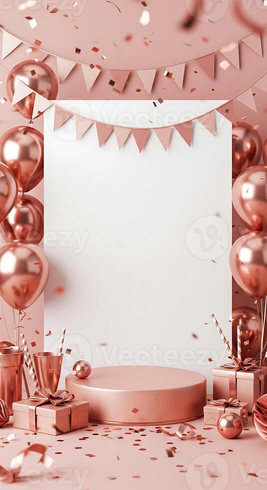 Pink party decorations with balloons and a blank sign photo