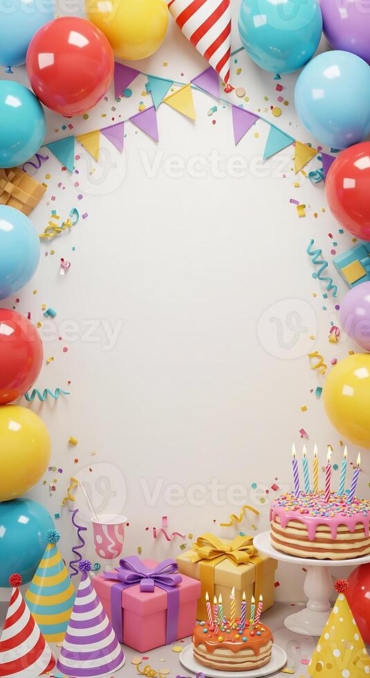 Birthday party background with balloons, cake and confetti photo