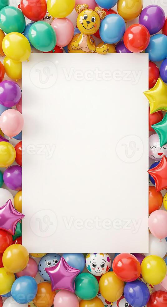 Colorful Balloons Party Background with Blank Sign photo