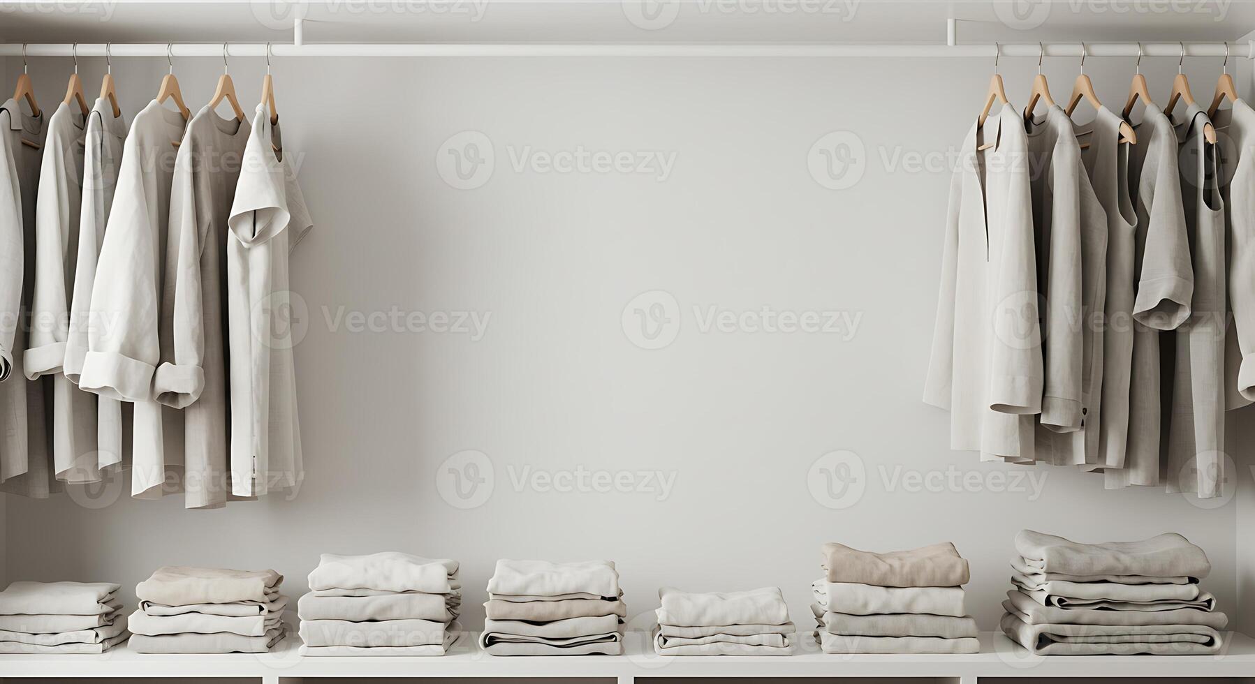 A closet with clothes hanging on hangers photo