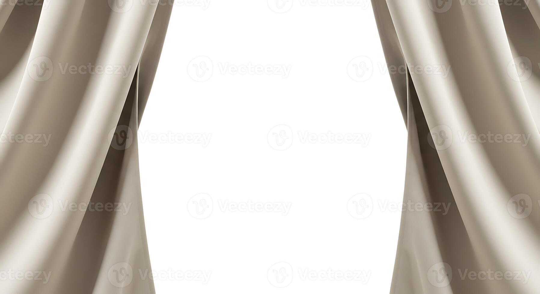 Elegant Beige Curtains Draped Open Revealing a White Background photo