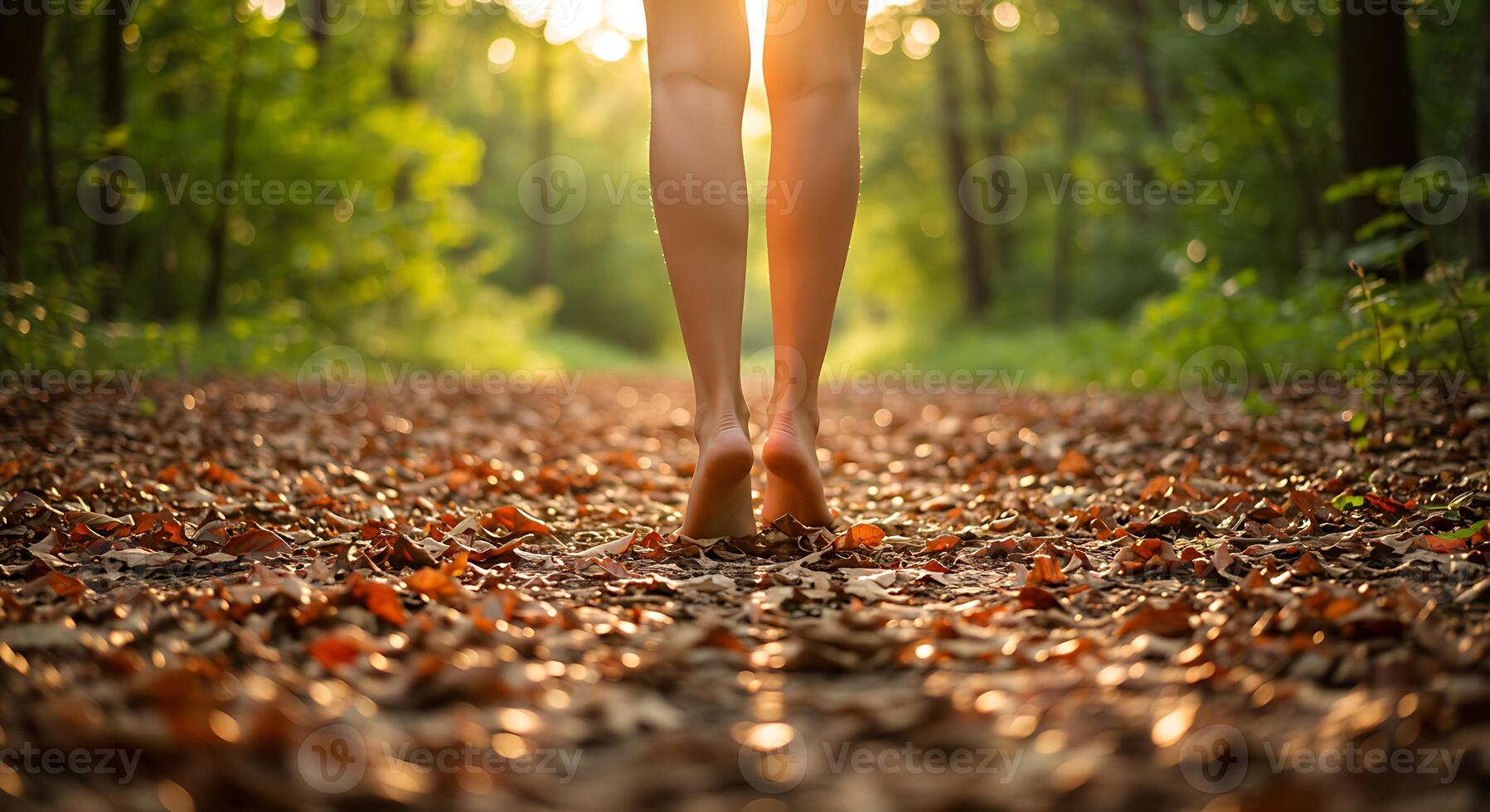 A woman's bare feet walking through a forest photo