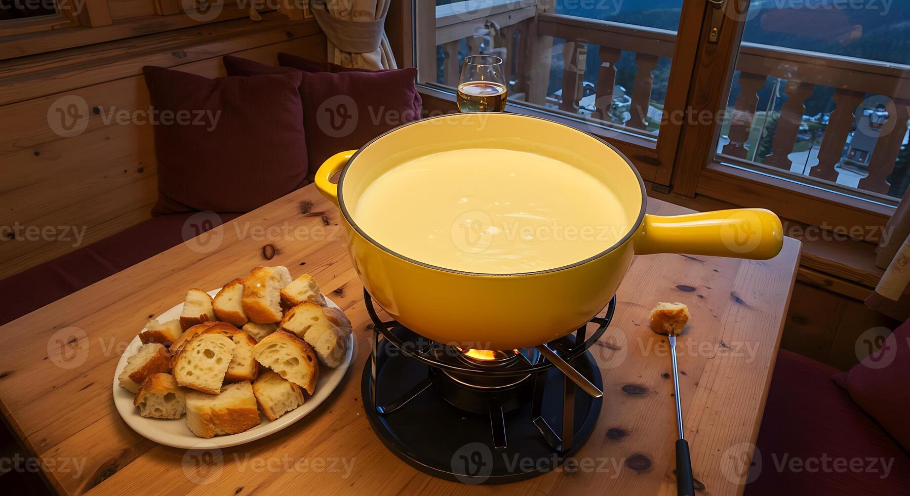 Delicious Cheese Fondue in a Cozy Alpine Setting photo