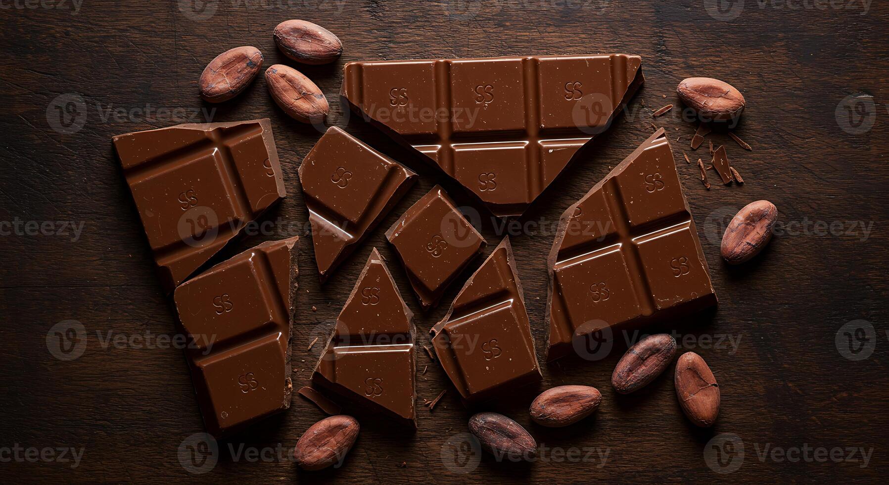Broken Dark Chocolate Bar with Cocoa Beans photo