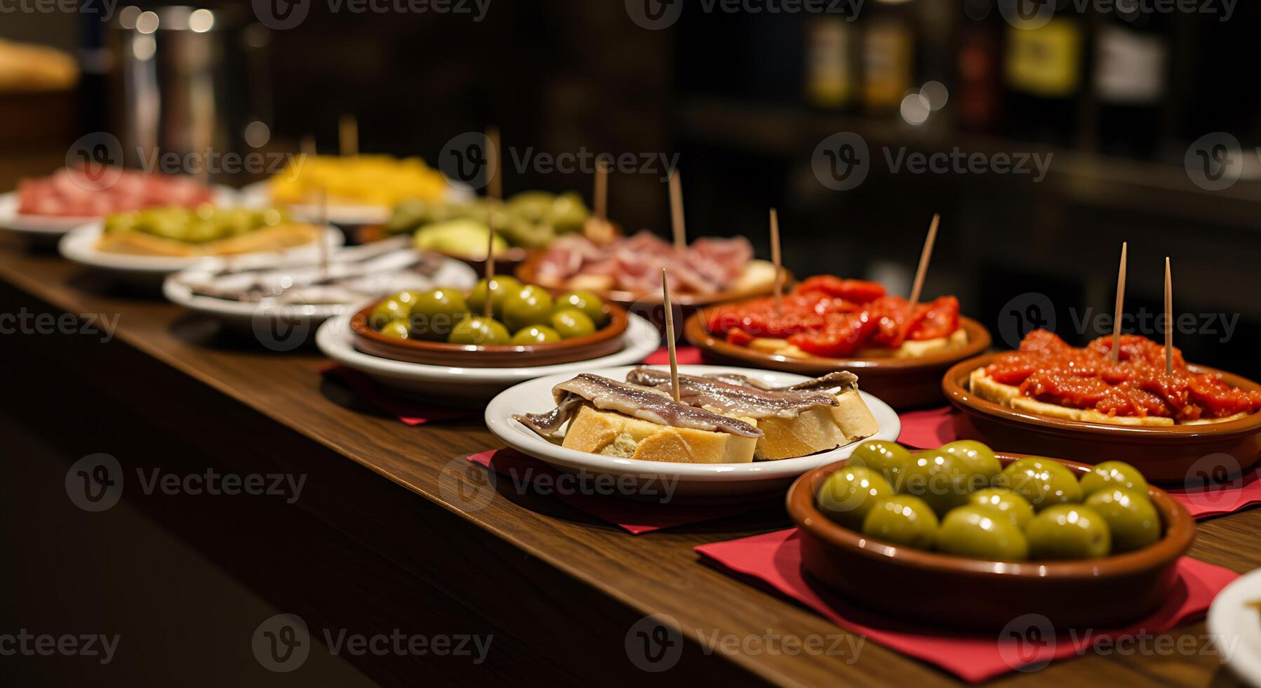 A table with many plates of food photo