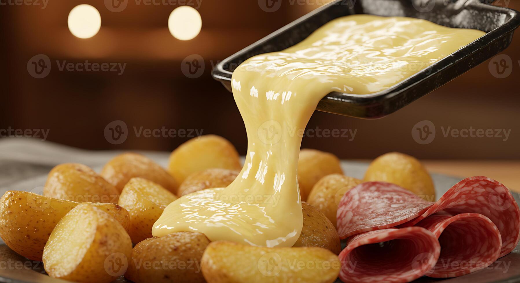 Delicious Cheese Fondue with Potatoes and Salami photo