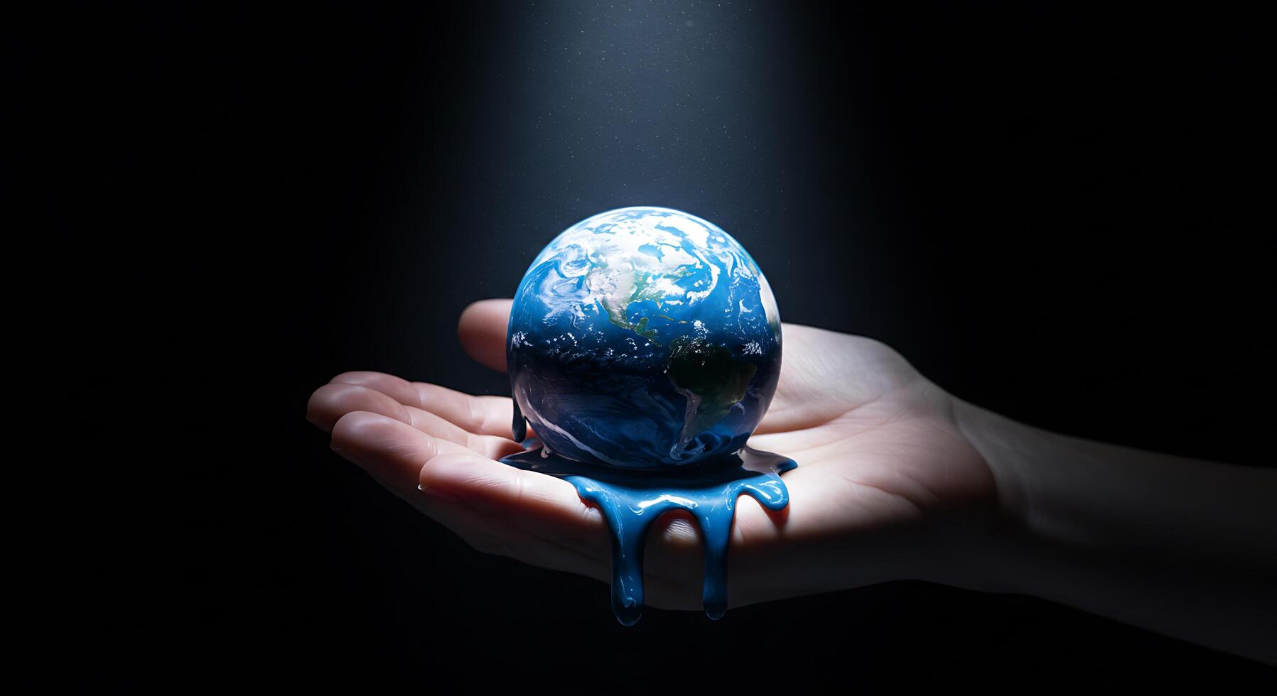 A person holding a blue globe with a drip of water on it photo