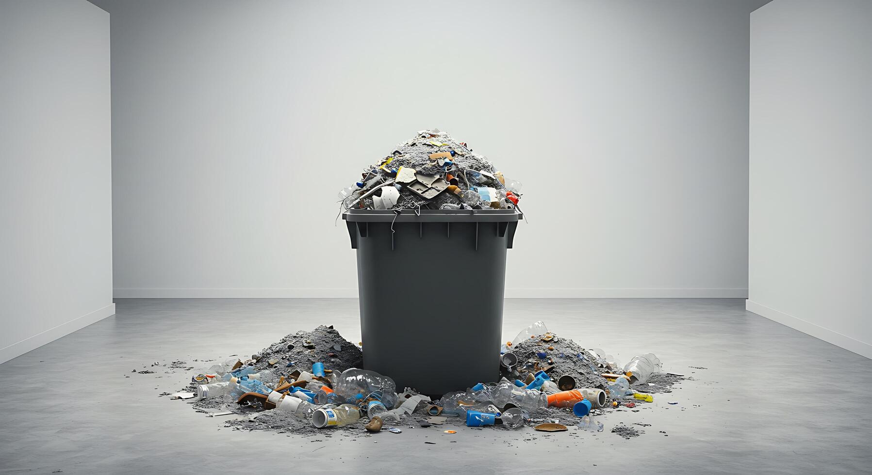 Garbage can in a room with a lot of trash photo