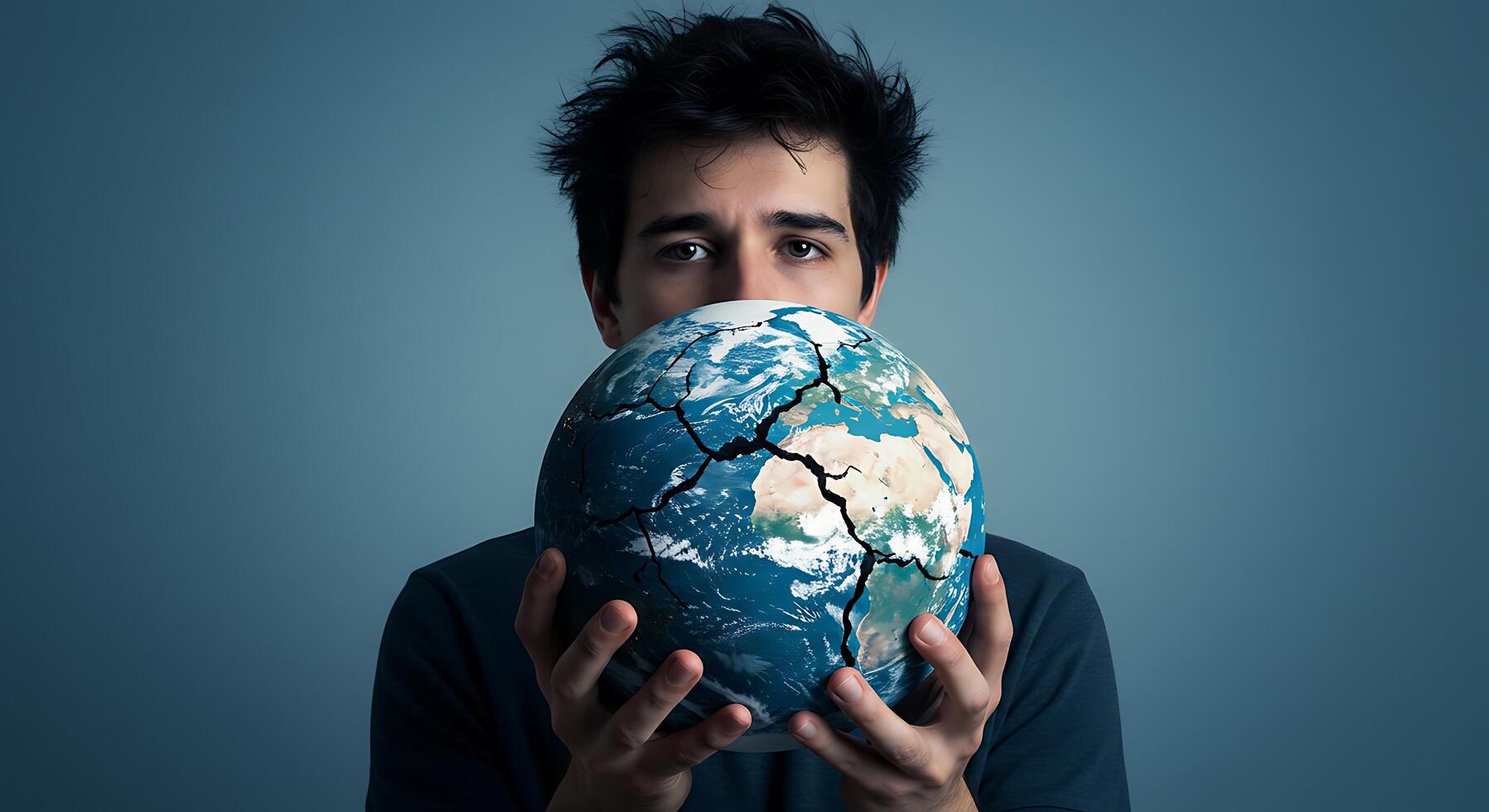 A man holding a globe with a crack in it photo