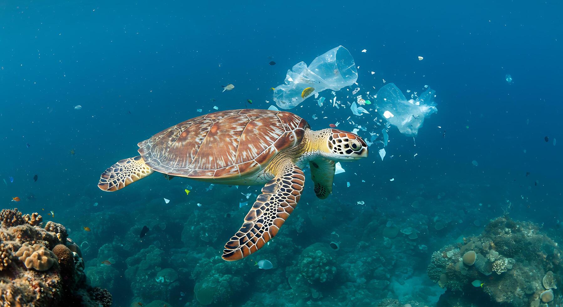 A turtle is swimming in the ocean with plastic bags photo