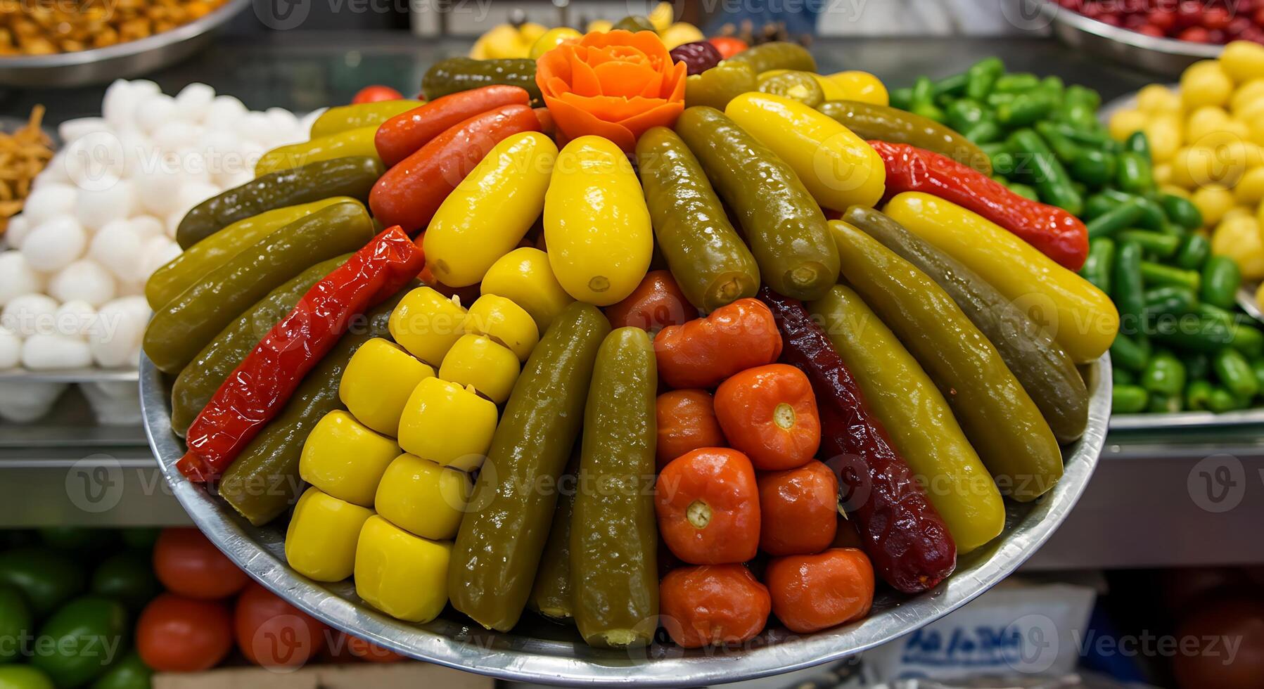 Vibrant pickled vegetables arranged artistically on a platter, showcasing a delightful array of colors and textures in a market setting. photo
