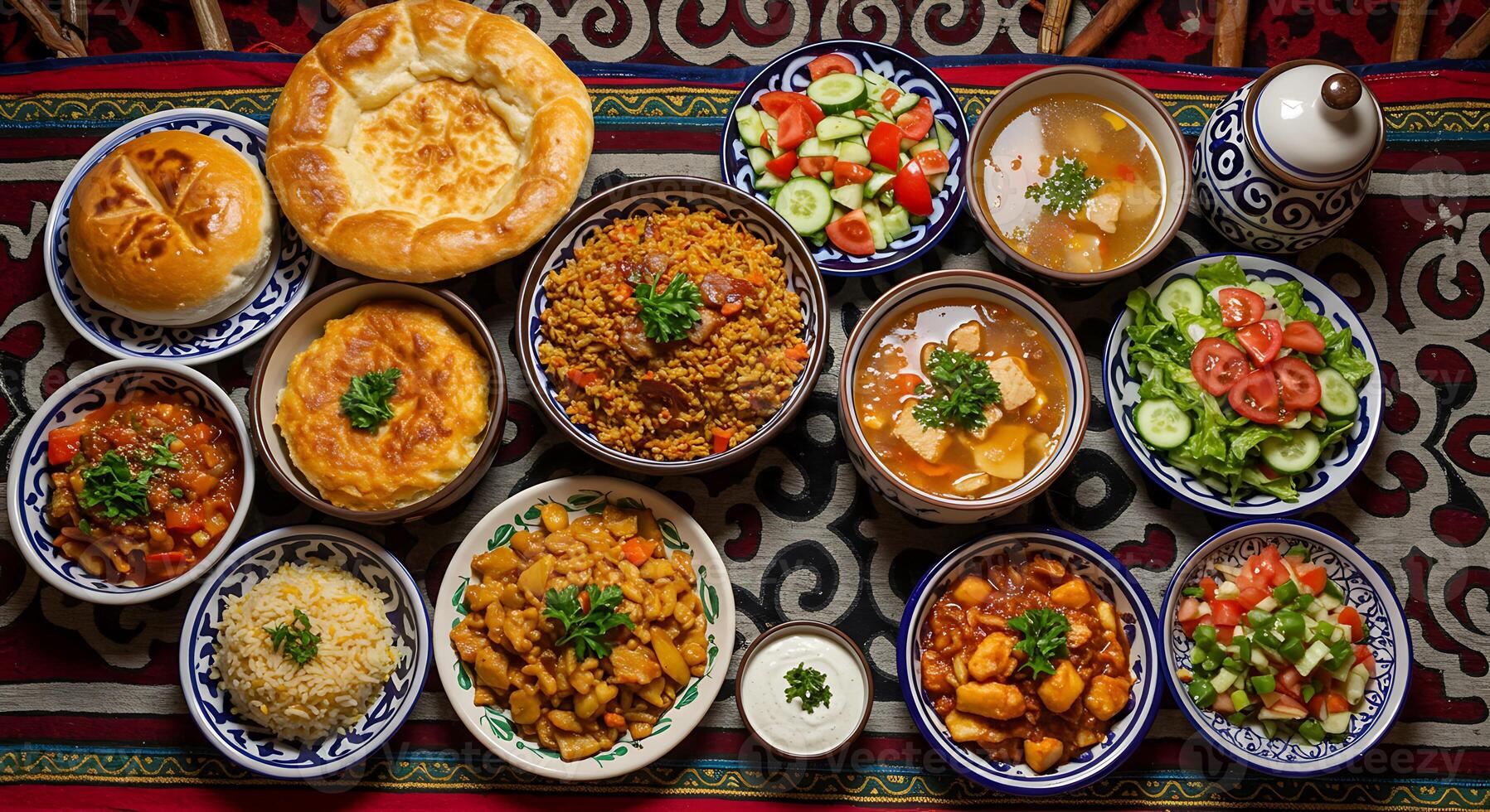 A table with many different dishes of food photo