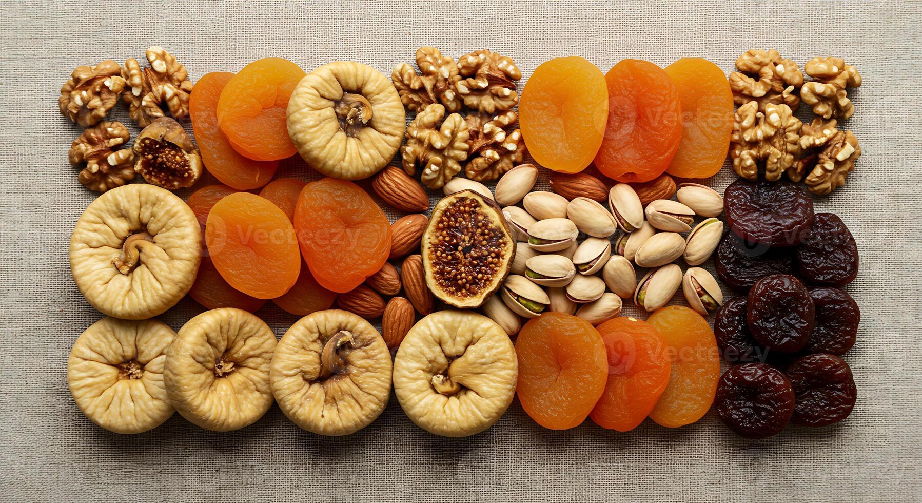 A variety of dried fruits arranged in a square photo