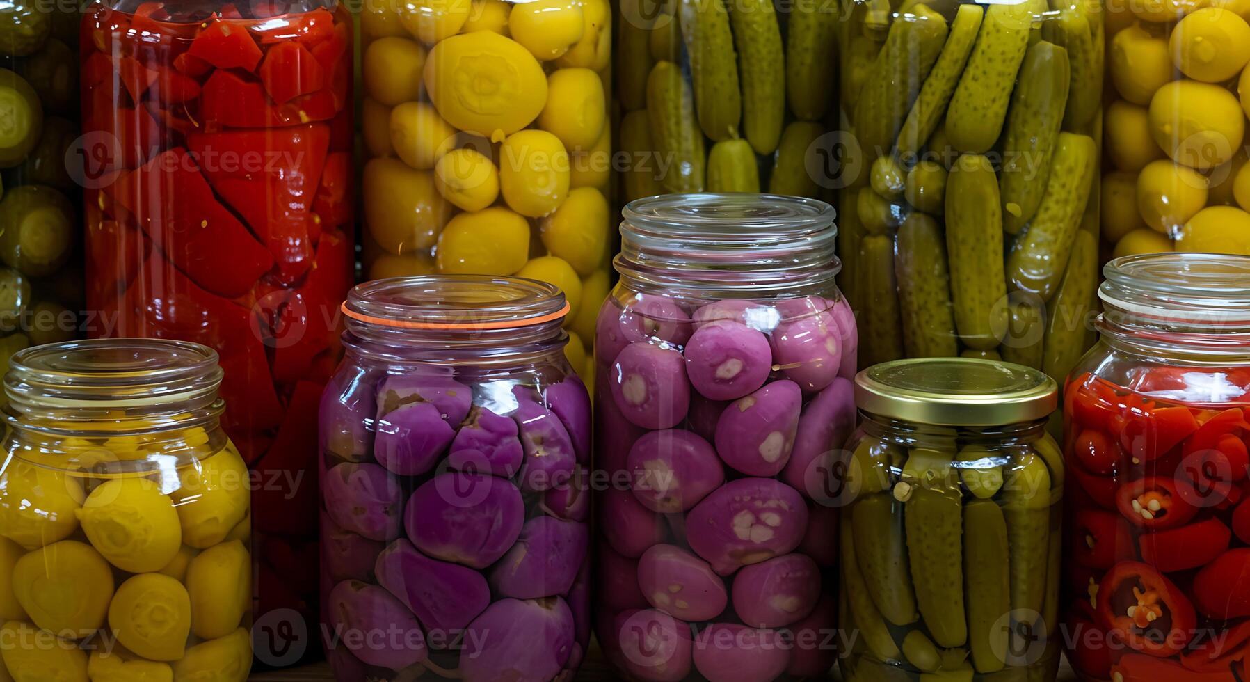 A bunch of jars filled with different colored pickles photo