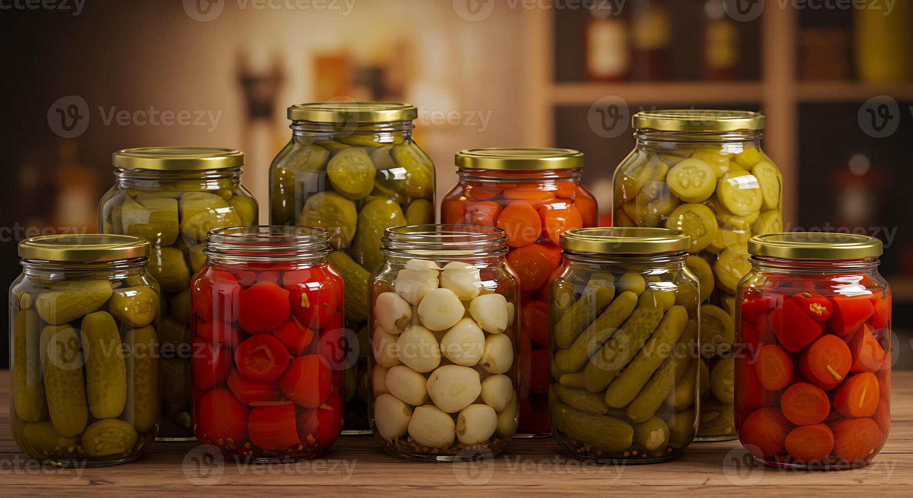 A group of jars with different vegetables in them photo