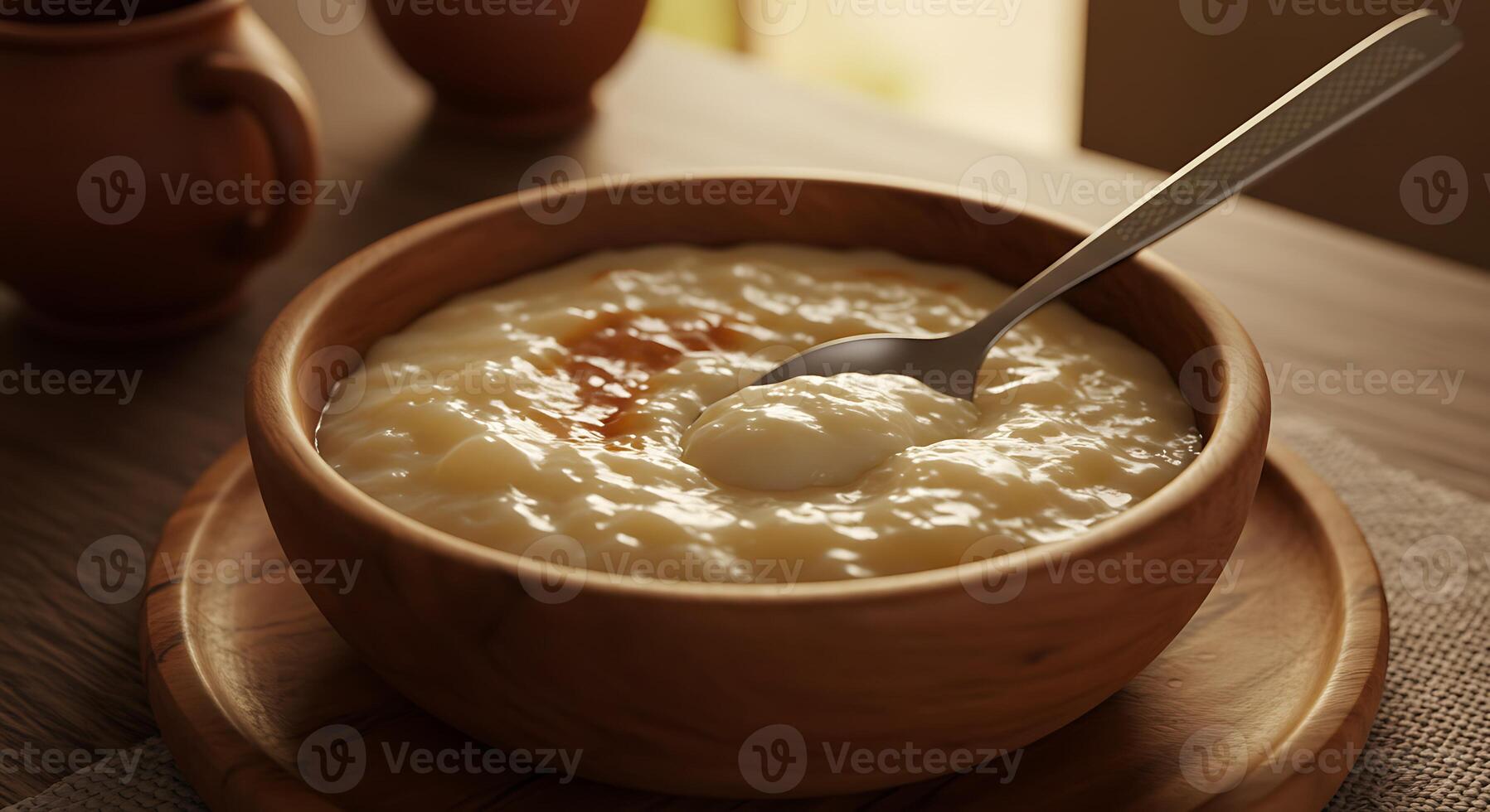 Creamy Rice Pudding in Rustic Wooden Bowl photo