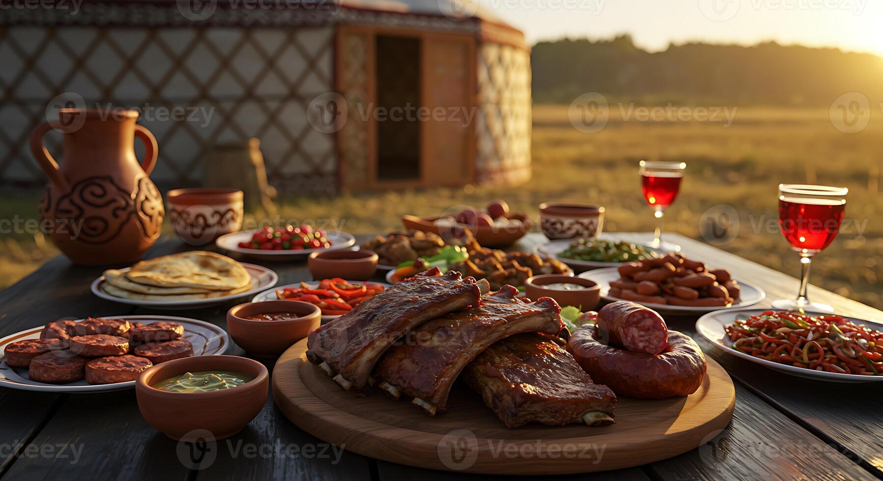 A table with food and drinks on it photo