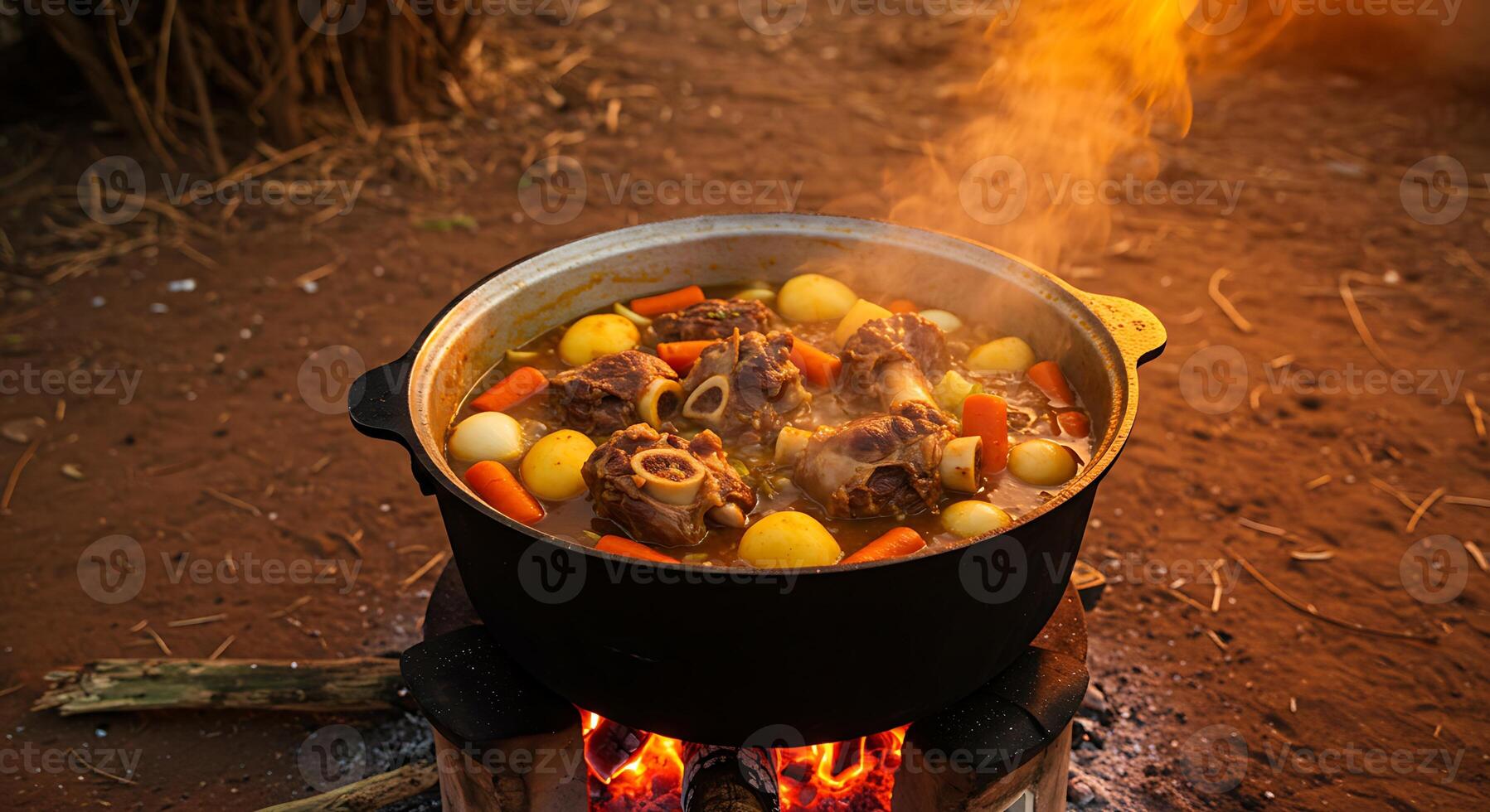 A pot of stew cooking on an open fire photo