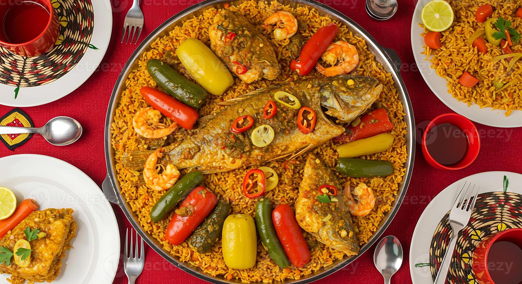 A large plate of food with rice and vegetables photo