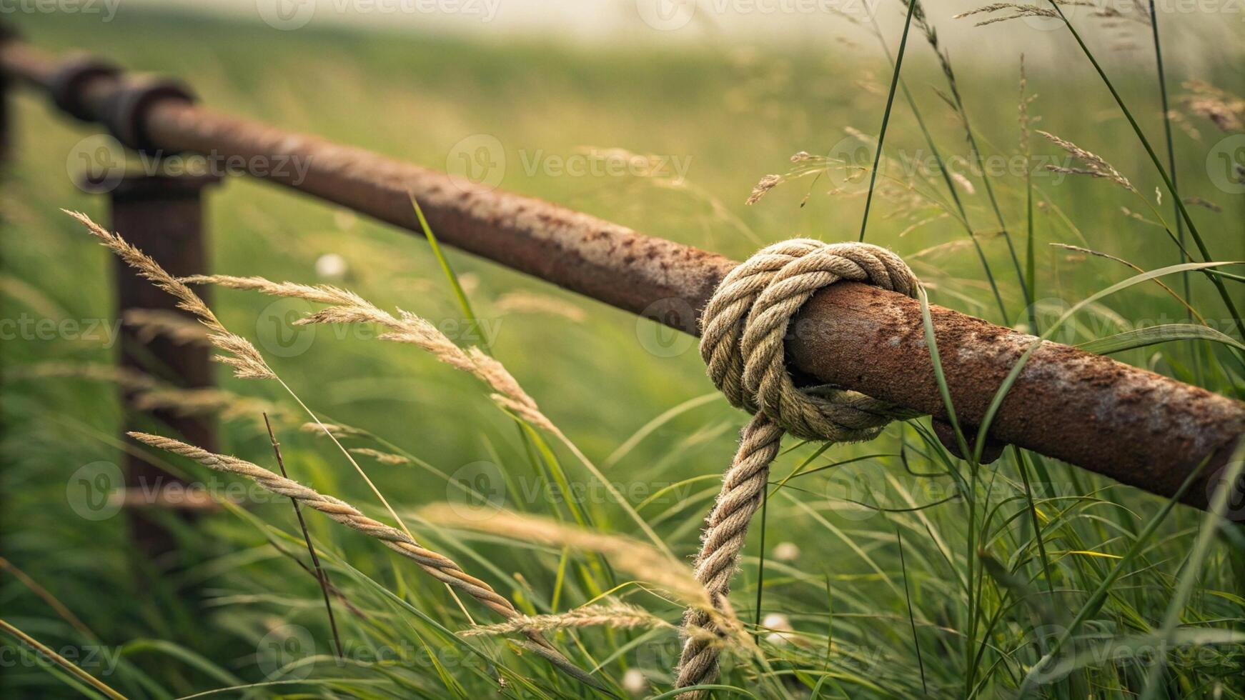 a rope tied to a fence in a field photo