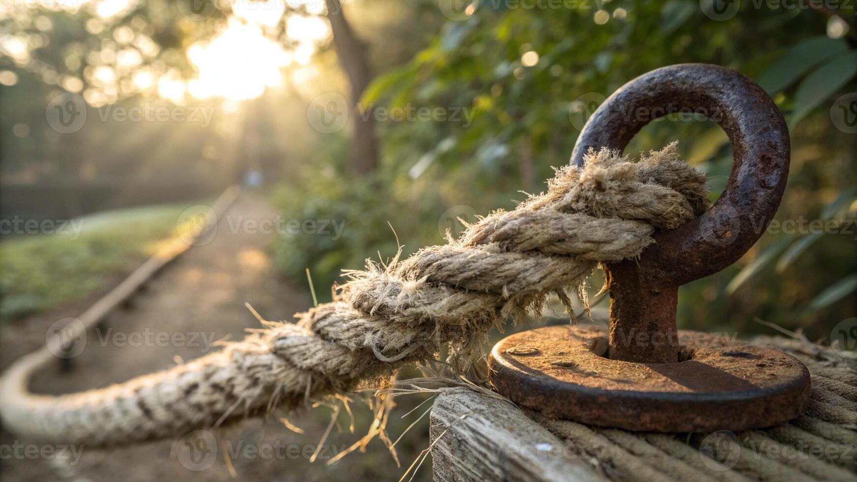 a rope tied to a wooden post with the sun shining in the background photo