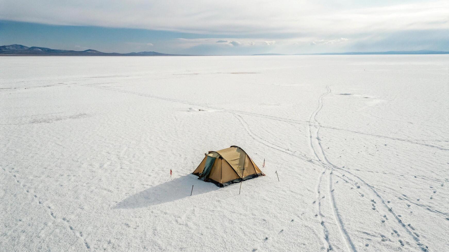 Solitary Tent on a Vast White Expanse Under a Cloudy Sky tan tent photo