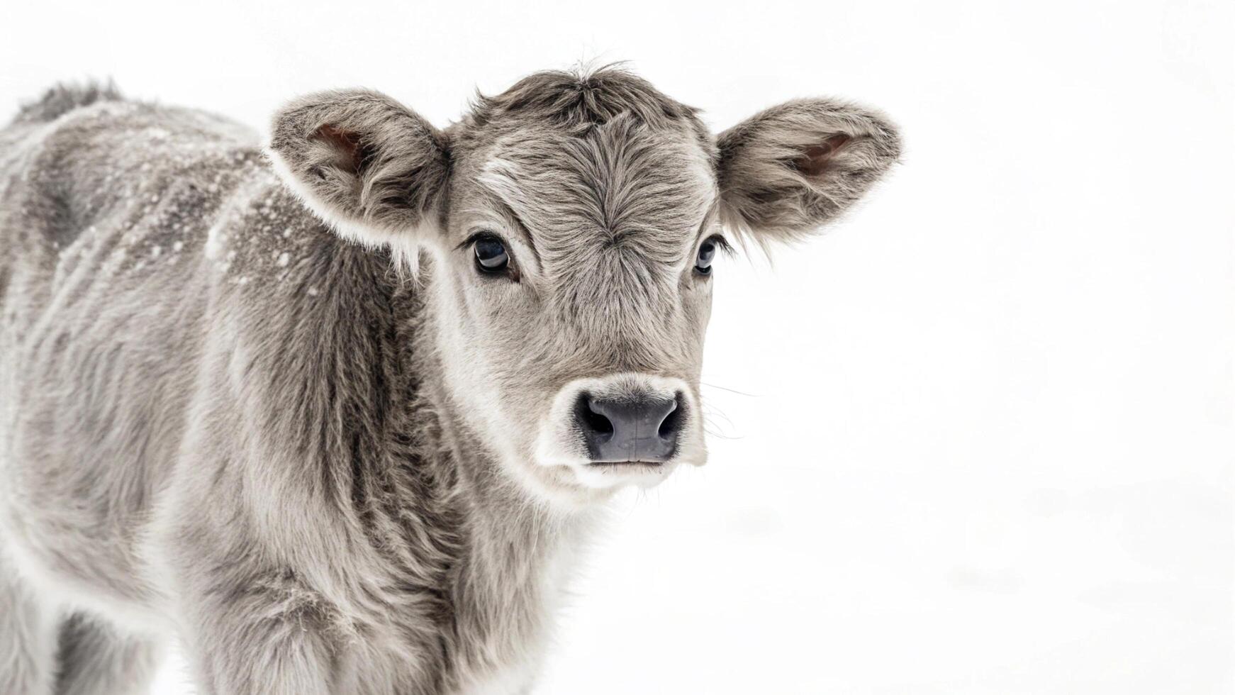 A small calf is standing in the snow photo