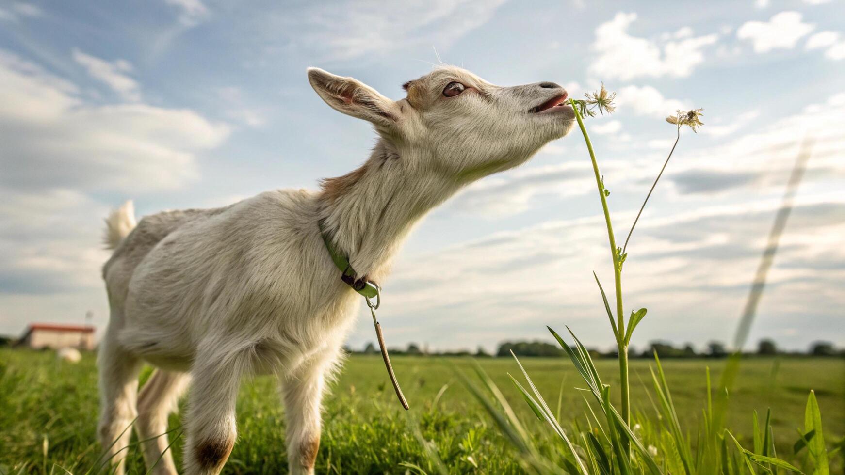 A goat is standing in a field with a flower photo