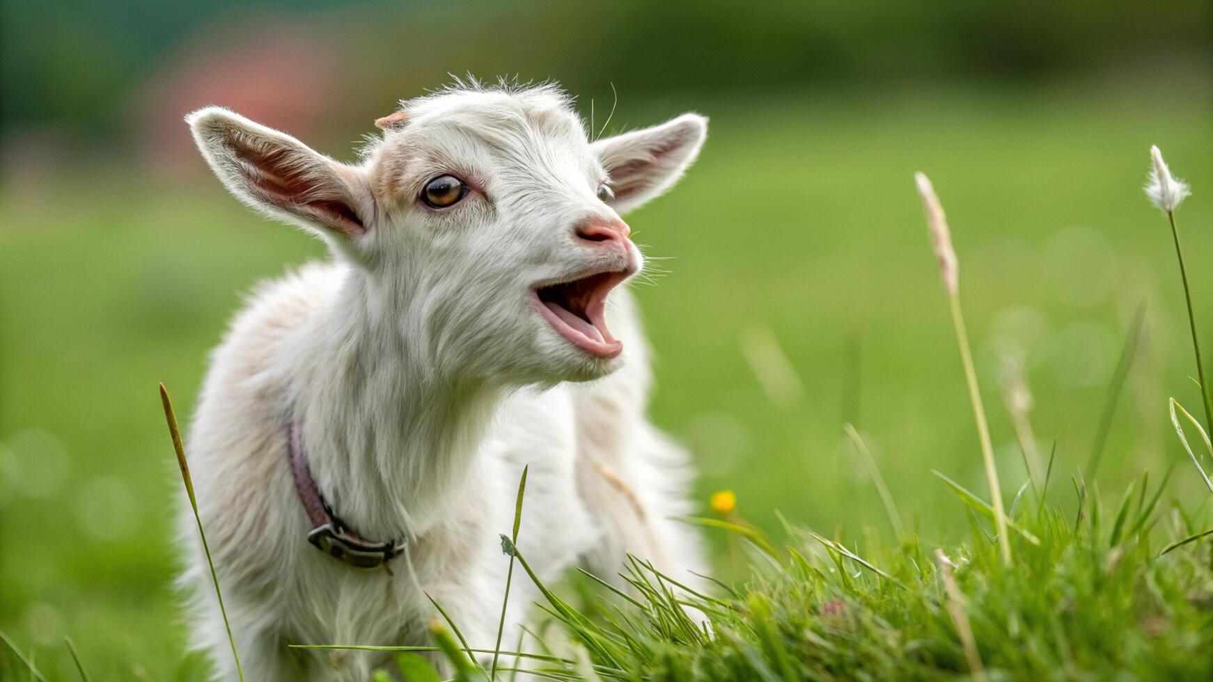 A baby goat is standing in the grass with its mouth open photo