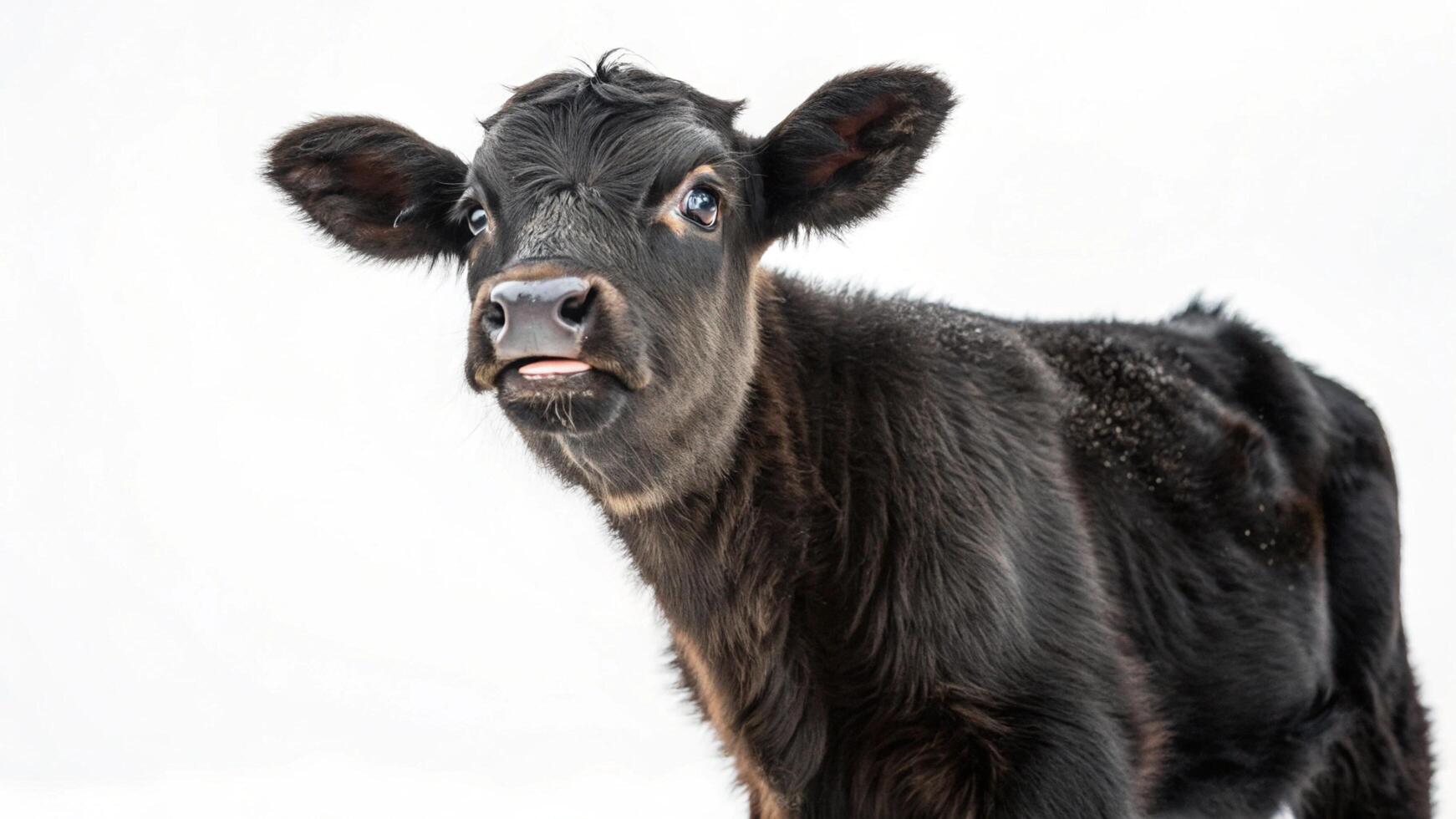 A black cow with big ears standing in front of a white background photo