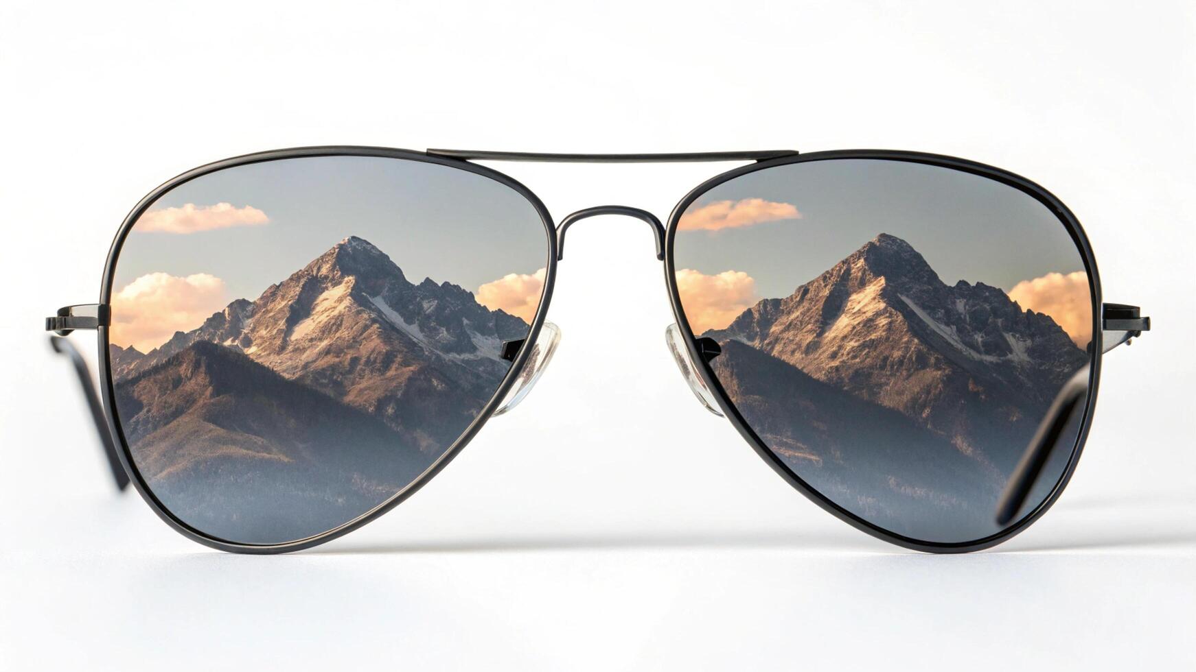 Mountain Majesty Reflected Aviator Sunglasses Showcasing a Scenic Mountain Landscape with Clouds and Clear Sky photo