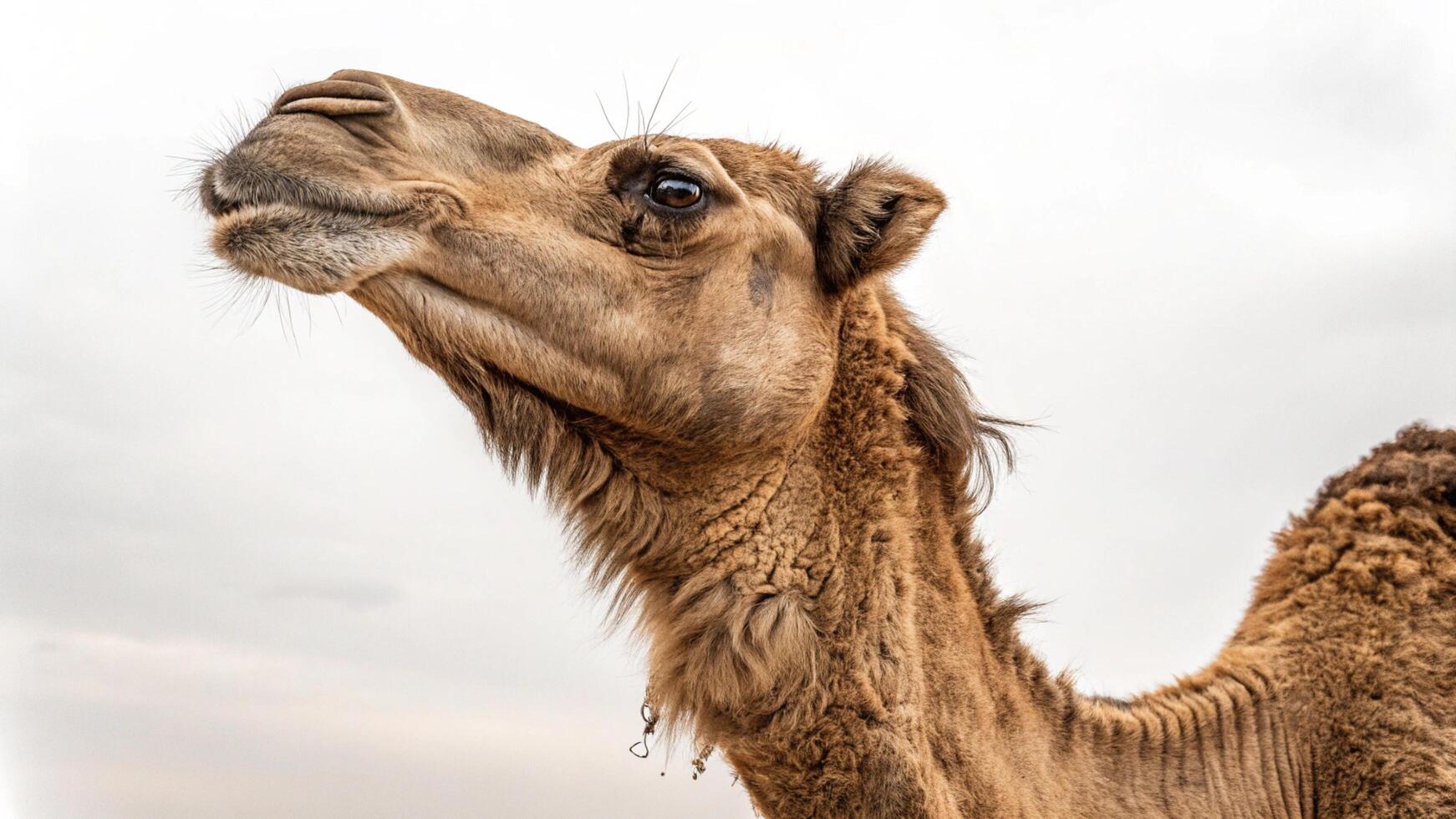 A camel with a blue eye looking up photo