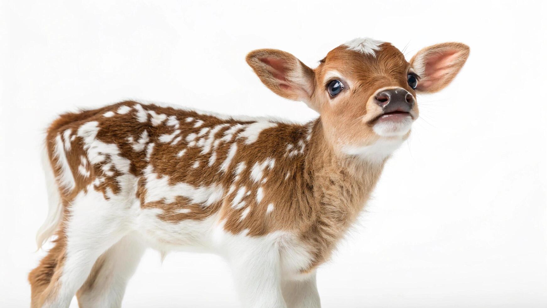 A baby deer standing in front of a white background photo