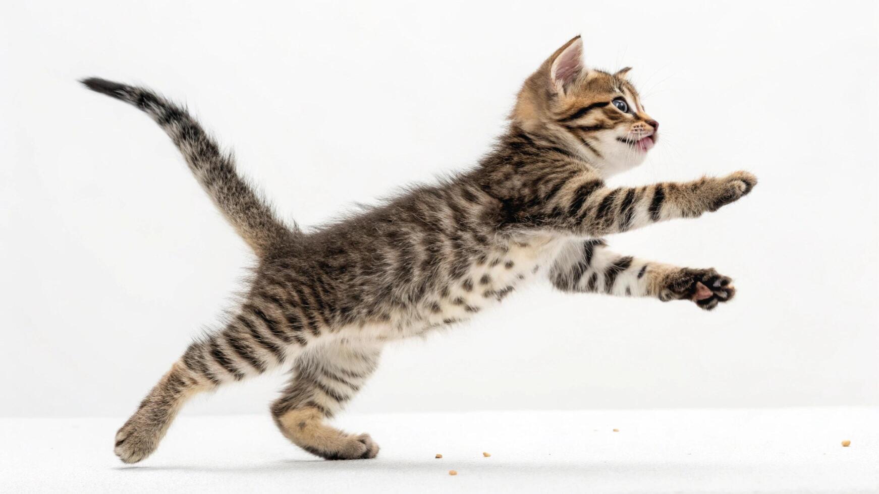 A kitten is jumping up and down on a white background photo
