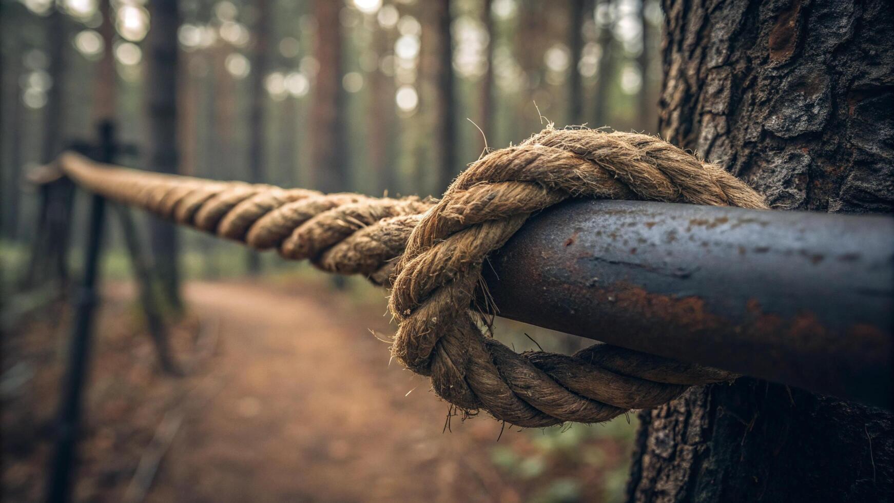 A rope tied to a tree in the forest photo