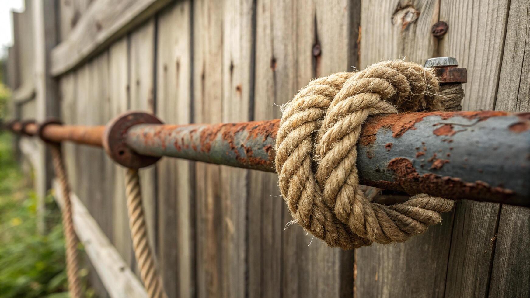 A rope is attached to a pipe on a wooden fence photo