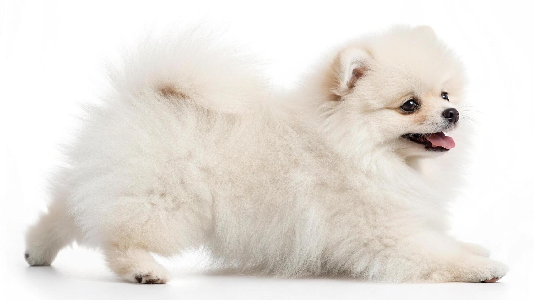 A fluffy white pomeranian dog is standing on a white background photo